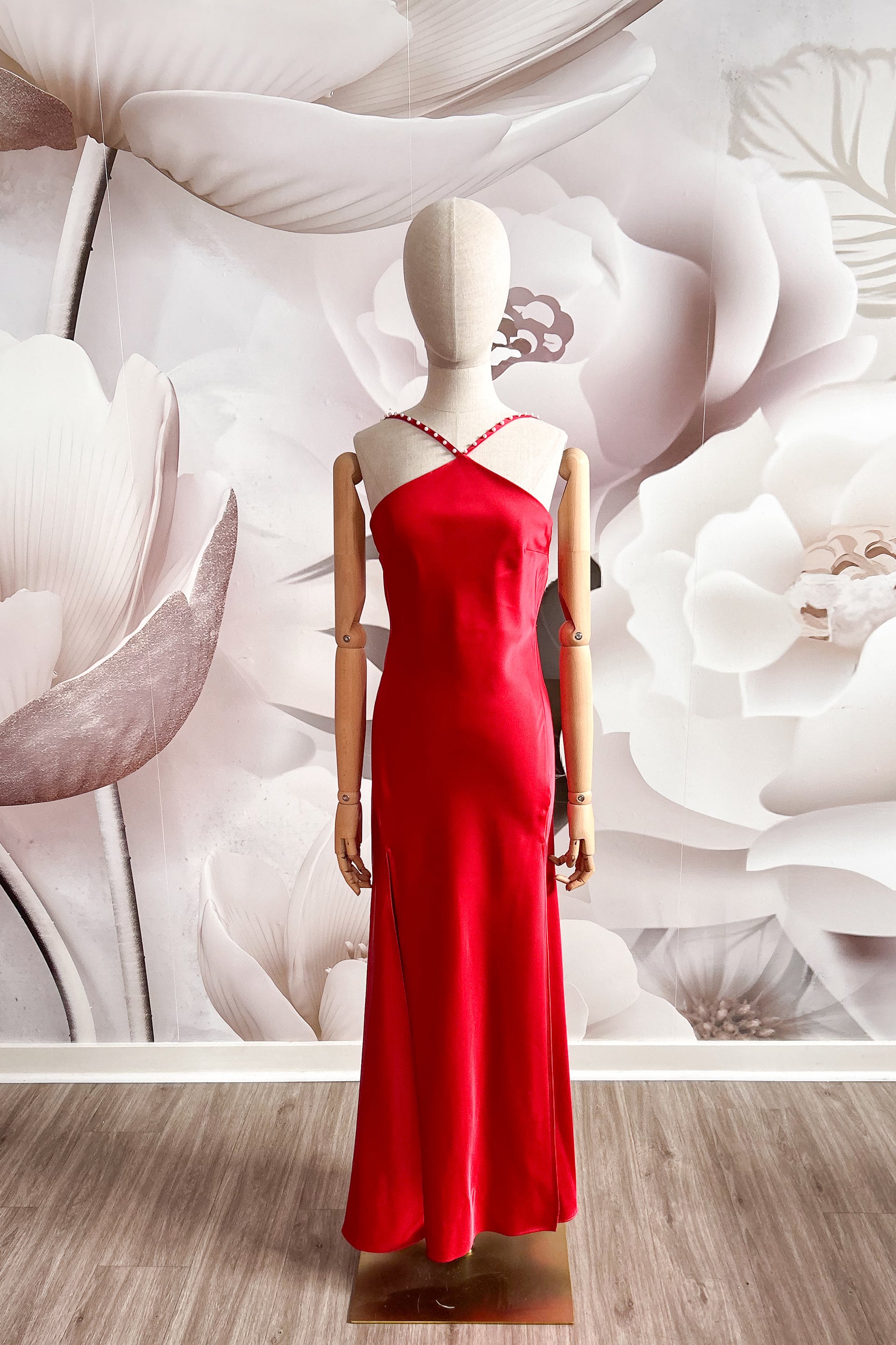 aisle pearl satin midi dress Faux Pearl Strap Satin Midi Dress with Double Front Slits – Open Back  Cocktail & Event Dress – Her Closet Mtl inc. / Boutique Chez Elle Mtl Inc
